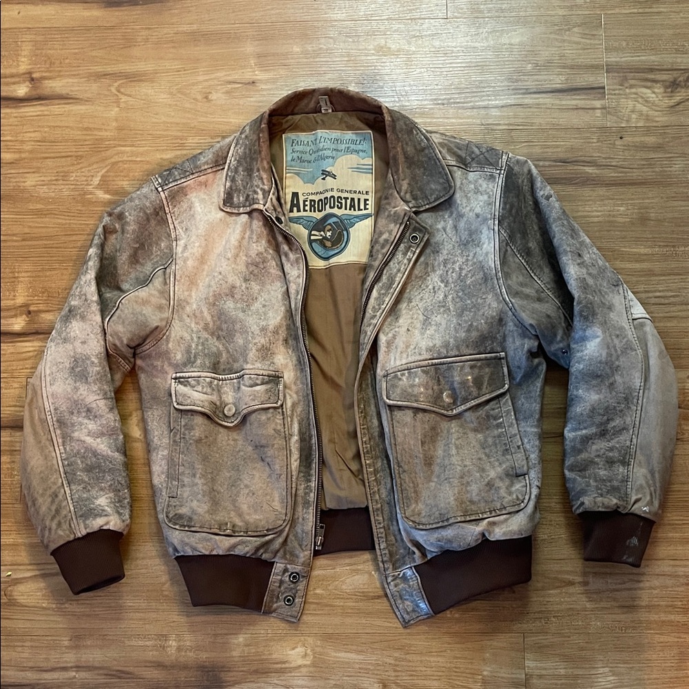 Aeropostale Men's Vintage-Style Distressed Leather Bomber Jacket in Faded Brown